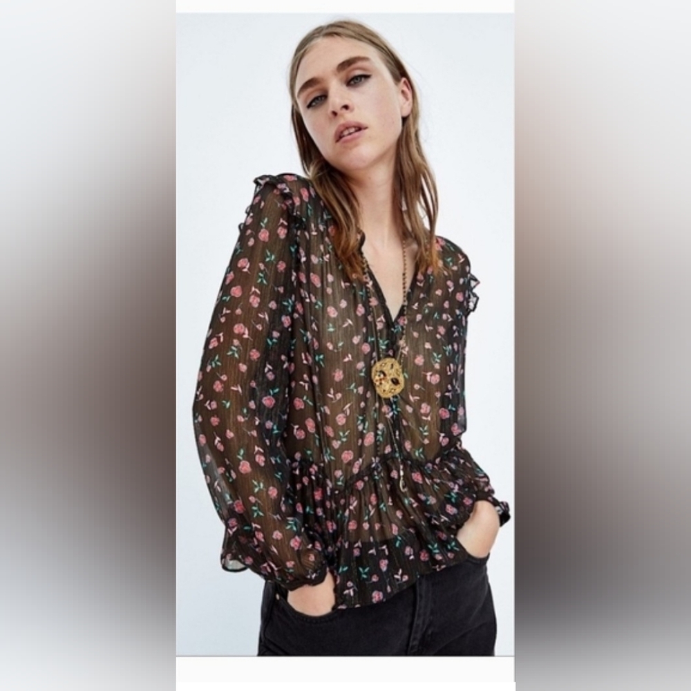 NWOT!Fall Zara Sheer Top Boho Party Metallic Women's Peplum Floral Blouse Medium